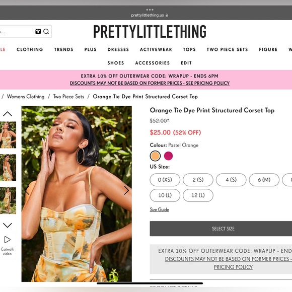 Pretty Little Thing Orange TieDye Structured Corset Top Size 2 - Picture 6 of 6